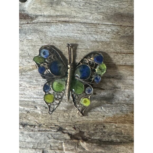 Antique 800 Silver Enamel And Filigree Butterfly Brooch Pin - Picture 1 of 6